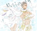  1boy 1girl black_hair cape closed_mouth cold crossed_arms dark_skin dark_skinned_male fate/grand_order fate/prototype fate/prototype:_fragments_of_blue_and_silver fate_(series) harukazu highres jackal_ears medjed nitocris_(fate/grand_order) nitocris_(swimsuit_assassin)_(fate) rider_(fate/prototype_fragments) shirtless snowing trembling white_cape yellow_eyes 