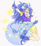  1girl :d animal_ears arm_up blue_eyes blue_footwear blue_gloves blue_hair blue_legwear blue_neckwear blue_shirt blue_skirt character_name choker crown cure_gelato earrings extra_ears full_body gloves jewelry jiro_(rakugakiokiba) kirakira_precure_a_la_mode layered_skirt lion_ears lion_tail long_hair looking_at_viewer mini_crown open_mouth petticoat precure shirt shoes single_thighhigh skirt smile solo tail tategami_aoi thigh-highs white_background yellow_skirt 