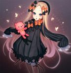  1girl abigail_williams_(fate/grand_order) black_bow black_dress blonde_hair bloomers blue_eyes bow butterfly dress fate/grand_order fate_(series) hair_bow hands_in_sleeves hat highres long_hair long_sleeves looking_at_viewer open_mouth orange_bow sokuse_kienta solo stuffed_animal stuffed_toy teddy_bear underwear very_long_hair 