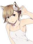  1girl animal_ears bangs blonde_hair breasts camisole cat_ears collarbone green_eyes hand_up looking_at_viewer mattaku_mousuke original parted_lips simple_background small_breasts solo upper_body white_background 