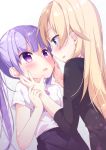  2girls after_kiss black_shirt black_skirt blonde_hair blue_eyes blush dress_shirt eye_contact eyebrows_visible_through_hair gradient gradient_background grey_background hair_between_eyes highres hisagi_(puchimaple) long_hair looking_at_another multiple_girls neck_ribbon new_game! open_mouth purple_hair purple_ribbon ribbon saliva saliva_trail shirt short_sleeves skirt suzukaze_aoba tears twintails violet_eyes white_background white_shirt yagami_kou yuri 