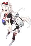  1girl american_flag apron aqua_eyes azur_lane bangs black_legwear boots bow breasts cleavage dress flag_print frilled_apron frilled_sleeves frills full_body grey_footwear hair_between_eyes hammann_(azur_lane) kaede_(003591163) long_hair maid_apron maid_headdress neckerchief official_art puffy_short_sleeves puffy_sleeves short_sleeves simple_background small_breasts solo star striped transparent_background very_long_hair waist_apron white_apron white_hair 