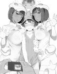  1boy 3girls :d aether_foundation_employee arm_hug blurry breast_press breasts closed_mouth covered_navel dark_skin depth_of_field gloves greyscale hat highres huge_breasts large_breasts monochrome multiple_girls one_eye_closed open_mouth outstretched_hand pantyhose parted_lips pokemon pokemon_(game) pokemon_ultra_sm shinjiro shirt_tug short_hair simple_background smile tank_top thigh-highs you_(pokemon_ultra_sm) 