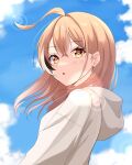 1girl :o ahoge blush brown_eyes brown_hair clouds cloudy_sky highres hololive hololive_english hood hoodie lens_flare long_hair looking_at_viewer multicolored_hair nanashi_mumei official_alternate_costume open_mouth oversized_clothes sairen sky streaked_hair virtual_youtuber white_hoodie 
