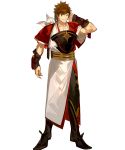  1boy arai_teruko armor armored_boots bell boots brown_hair fire_emblem fire_emblem_heroes fire_emblem_if full_body headband highres japanese_clothes male_focus official_art shinonome_(fire_emblem) solo teeth transparent_background violet_eyes 