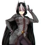  1girl absurdres belt_buckle black_cape black_eyes black_gloves black_hair black_pants buckle cape contrapposto cowboy_shot gloves hair_between_eyes hand_on_hip highres kisaragi_(legobionicle23) made_in_abyss multicolored_hair ozen pants short_hair simple_background solo two-tone_hair white_background white_hair wrist_cuffs 