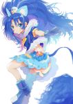  1girl animal_ears blue_bow blue_eyes blue_footwear blue_gloves blue_hair blue_legwear blue_neckwear blue_shirt blue_skirt bow choker closed_mouth cropped_legs crown cure_gelato earrings extra_ears gloves hashibuto jewelry kirakira_precure_a_la_mode layered_skirt lion_ears lion_tail long_hair looking_at_viewer magical_girl mini_crown precure shirt shoes simple_background single_thighhigh skirt smile solo tail tategami_aoi thigh-highs white_background white_skirt 