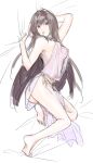  1girl alternate_costume ass bare_shoulders barefoot bed_sheet breasts brown_hair fate/grand_order fate_(series) long_hair looking_at_viewer lying medium_breasts on_back red_eyes scathach_(fate/grand_order) see-through sideboob solo takamura_yue 
