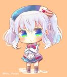  1girl beret blue_eyes chibi commentary_request crossed_arms epaulettes hat kantai_collection kashima_(kantai_collection) kouu_hiyoyo long_hair looking_at_viewer pleated_skirt silver_hair simple_background skirt smile solo twintails twitter_username 