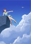  1girl 3d-kun :d ahoge arm_up bangs bare_legs bare_shoulders blue_sky blush breasts brown_footwear brown_hair commentary_request copyright_request day dress frilled_dress frills full_body green_eyes leaning_back medium_breasts open_mouth outdoors outstretched_arm paper_airplane sandals short_hair sitting sky smile solo swept_bangs throwing white_dress 