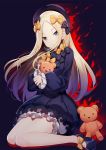  1girl abigail_williams_(fate/grand_order) black_bow black_dress black_footwear blonde_hair blue_eyes bow closed_mouth dress expressionless fate/grand_order fate_(series) forehead frills hair_bow highres knees_together_feet_apart long_hair long_sleeves looking_at_viewer polka_dot polka_dot_bow puffy_long_sleeves puffy_sleeves ririko_(zhuoyandesailaer) shoes sidelocks sitting solo stuffed_animal stuffed_toy teddy_bear thighs wariza yellow_bow 