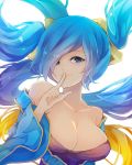  1girl bangs bare_shoulders blue_eyes blue_hair blush breasts chiroru_(cheese-roll) cleavage collarbone dress finger_to_mouth hair_ornament highres large_breasts league_of_legends long_hair long_sleeves looking_at_viewer off-shoulder_dress off_shoulder shushing simple_background smile solo sona_buvelle swept_bangs twintails upper_body very_long_hair white_background wide_sleeves 