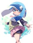  1girl ass black_shorts blazer blue_eyes blue_hair domino_mask from_behind hair_ornament hairclip highres inkling jacket looking_back mask miniskirt necktie outstretched_arms plaid plaid_skirt pointy_ears school_uniform short_hair_with_long_locks short_shorts shorts shorts_under_skirt skirt smile solo splatoon splatoon_2 sweater tentacle tentacle_hair wind wind_lift yuuki_(yuyuki000) 