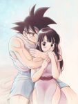  1boy 1girl black_eyes black_hair blue_background blush chi-chi_(dragon_ball) couple dragon_ball dragonball_z dress eyebrows_visible_through_hair hetero hug hug_from_behind kneeling long_hair looking_at_another looking_back masa_(p-piyo) shirt short_hair shorts simple_background son_gokuu spiky_hair white_background white_shirt 