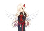  1girl absurdly_long_hair angel_wings blonde_hair blush character_request closed_mouth eyebrows_visible_through_hair long_hair long_sleeves looking_at_viewer mabinogi red_eyes simple_background solo tp_(kido_94) very_long_hair white_background wings 