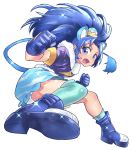  1girl :d animal_ears blue_eyes blue_footwear blue_gloves blue_hair blue_legwear blue_neckwear blue_shirt blue_skirt boots choker clenched_hand crown cure_gelato extra_ears full_body gloves highres hori_(hori_no_su) kirakira_precure_a_la_mode lion_ears lion_tail long_hair looking_at_viewer magical_girl mini_crown open_mouth precure shirt simple_background single_thighhigh skirt smile solo tail tategami_aoi thigh-highs white_background 