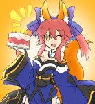  1girl animal_ears breasts cake cleavage collarbone fang fate/extra fate/grand_order fate_(series) food fox_ears fox_tail highres large_breasts mark_folks one_eye_closed open_mouth pink_hair solo tail tamamo_(fate)_(all) tamamo_no_mae_(fate) yellow_eyes 