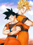  2boys back-to-back black_eyes black_hair blonde_hair character_name clone clouds cloudy_sky crossed_arms dougi dragon_ball dragonball_z green_eyes looking_at_another looking_back male_focus masa_(p-piyo) multiple_boys short_hair sitting sky smile son_gokuu spiky_hair standing super_saiyan wristband 
