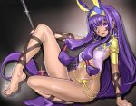  1girl :d ass barefoot blush breasts dark_skin earrings fate/grand_order fate_(series) holding holding_staff jackal_ears jewelry long_hair looking_at_viewer navel nitocris_(fate/grand_order) open_mouth pinkjoe purple_hair shiny shiny_skin sitting smile solo staff thigh_strap very_long_hair violet_eyes 