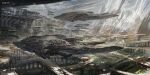  artist_name blurry bridge city cityscape clouds fantasy highres mountain no_humans original road scenery science_fiction sketch sky space_craft street stu_dts 