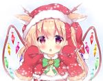  1girl blonde_hair blush bow capelet christmas commentary_request flandre_scarlet green_bow green_neckwear hat looking_at_viewer mittens parted_lips red_eyes rikatan santa_hat side_ponytail snowing touhou wings 