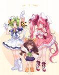  3girls animal_ears animal_hat bell breasts brown_eyes brown_hair cat_ears cat_hat cat_tail choker dejiko_(di_gi_charat) di_gi_charat dice dice_hair_ornament green_eyes green_hair hair_ornament hat multiple_girls paw_shoes pink_eyes pink_hair puchiko_(di_gi_charat) rabbit_ears ribbon ribbon_choker school_uniform seoji serafuku shoes short_hair tail twintails usada_hikaru 