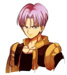  1boy black_shirt blue_eyes dragon_ball dragonball_z eyebrows_visible_through_hair jacket looking_at_viewer male_focus neko_ni_chikyuu purple_hair shirt short_hair simple_background smile trunks_(dragon_ball) white_background 