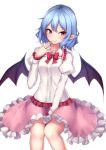  1girl :&gt; bat_wings between_legs blue_hair bow bowtie closed_mouth hand_between_legs hand_up highres juliet_sleeves junior27016 long_sleeves looking_at_viewer pink_skirt pointy_ears puffy_sleeves red_eyes red_neckwear remilia_scarlet simple_background sitting skirt smile solo touhou white_background wings 