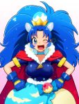  1girl ;d alternate_breast_size animal_ears bakusai blue_bow blue_gloves blue_hair blue_neckwear blue_shirt blue_skirt bow breasts cape choker cowboy_shot crown cure_gelato earrings extra_ears gloves gradient gradient_background hands_on_hips jewelry kirakira_precure_a_la_mode large_breasts layered_skirt lion_ears long_hair looking_at_viewer mini_crown one_eye_closed open_mouth pink_background precure red_cape shirt simple_background skirt smile solo tategami_aoi white_background white_skirt 