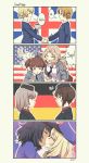  6+girls american_flag black_bow black_neckwear blonde_hair blue_eyes blush bow brown_eyes brown_hair character_request closed_eyes closed_mouth commentary cup dark_skin english eyebrows_visible_through_hair facing_another french_flag german_flag girls_und_panzer green_eyes hair_bow handshake highres holding holding_cup kay_(girls_und_panzer) kiss long_hair looking_at_viewer looking_away multiple_girls nishizumi_miho one_eye_closed open_mouth pas_(paxiti) short_hair short_twintails smile speech_bubble teacup twintails union_jack yuri 