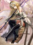  1girl absurdres arm_support armor armored_dress black_legwear blonde_hair blue_eyes dress fate/apocrypha fate_(series) floating_hair gauntlets high_heels highres jeanne_d&#039;arc_(fate) jeanne_d&#039;arc_(fate)_(all) long_hair looking_at_viewer outdoors shi-ro sitting sleeveless sleeveless_dress smile solo thigh-highs torn_clothes torn_thighhighs white_dress 