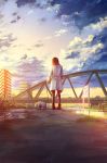  1girl backlighting black_legwear blurry bokeh bridge building bulldog city clouds coat depth_of_field dog from_behind grass highres hill leash original pantyhose path reflection river road scarf scenery sign sky solo sugi87 sunset twilight water winter_clothes winter_coat 