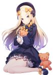  1girl abigail_williams_(fate/grand_order) black_bow black_dress black_footwear blonde_hair blue_eyes bow closed_mouth dress expressionless fate/grand_order fate_(series) forehead frills hair_bow highres knees_together_feet_apart long_hair long_sleeves looking_at_viewer polka_dot polka_dot_bow puffy_long_sleeves puffy_sleeves ririko_(zhuoyandesailaer) shoes sidelocks simple_background sitting solo stuffed_animal stuffed_toy teddy_bear thighs wariza white_background yellow_bow 