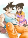  1boy 1girl annoyed bandage bangs black_eyes black_hair blue_background blue_shirt chi-chi_(dragon_ball) chinese_clothes couple dougi dragon_ball dragonball_z frown hetero looking_at_another masa_(p-piyo) nervous open_mouth pillow shirt simple_background sitting smile son_gokuu spiky_hair sweatdrop tied_hair white_background wristband 