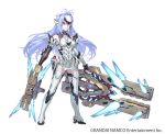  android blue_hair breasts cyborg elbow_gloves forehead_protector full_body gloves gun kos-mos long_hair looking_at_viewer official_art red_eyes thigh-highs under_boob weapon xenoblade xenoblade_2 xenosaga 