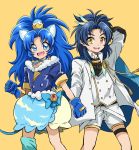  1boy 1girl :d absurdres animal_ears anri_(kuro_89_428) bangs blue_bow blue_eyes blue_gloves blue_hair blue_legwear blue_neckwear blue_shirt blue_skirt bow choker clenched_hand cowboy_shot crossover crown cure_gelato feathers gloves highres jacket kirakira_precure_a_la_mode layered_skirt lion_ears lion_tail long_hair looking_at_viewer magical_girl mini_crown open_mouth parted_bangs precure shirt shorts simple_background single_thighhigh skirt smile standing taikogane_sadamune tail tategami_aoi thigh-highs touken_ranbu white_jacket white_shirt white_shorts white_skirt yellow_background yellow_eyes 