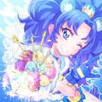  1girl \m/ animal_ears bangs blue blue_background blue_bow blue_eyes blue_gloves blue_hair blue_neckwear bow choker crown cure_gelato earrings extra_ears food fork gloves grin ice_cream jewelry kirakira_precure_a_la_mode lion_ears long_hair looking_at_viewer magical_girl mini_crown object_namesake one_eye_closed parted_bangs precure smile solo tategami_aoi urbandusk 