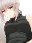  1girl arm_behind_back artoria_pendragon_(all) bare_shoulders black_ribbon black_sweater breasts brown_eyes close-up closed_mouth commentary expressionless eyebrows_visible_through_hair eyes_visible_through_hair fate/grand_order fate_(series) from_below gradient gradient_background grey_background hair_between_eyes hair_ribbon head_tilt highres jitome leaning_back light_frown looking_at_viewer looking_down medium_breasts medium_hair ponytail ramchi ribbon saber_alter sidelocks signature silver_hair sleeveless solo sweater turtleneck turtleneck_sweater upper_body 