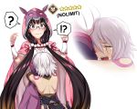  !? 2girls ? bandage bandaged_arm bare_back black_hair breast_rest breasts breasts_on_head brown_hair cloak closed_eyes closed_mouth crying fate/apocrypha fate/grand_order fate_(series) glasses gradient_hair hair_over_shoulder hairband halter_top halterneck hikarikung hood hood_up hooded_cloak hug jack_the_ripper_(fate/apocrypha) long_hair low_twintails mask mask_on_head multicolored_hair multiple_girls open_mouth osakabe-hime_(fate/grand_order) pouch scar scar_across_eye shoulder_tattoo silver_hair speech_bubble spoken_question_mark tattoo twintails very_long_hair violet_eyes wavy_mouth 