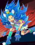  1girl :d animal_ears blue_bow blue_eyes blue_footwear blue_gloves blue_hair blue_legwear blue_shirt blue_skirt bow chuubatsu_nagano crown cure_gelato full_body gloves highres kirakira_precure_a_la_mode lion_ears lion_tail long_hair looking_at_viewer magical_girl mini_crown open_mouth precure shirt shoes signature skirt smile socks solo spiky_hair tail tategami_aoi wide-eyed 