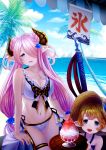  2girls bare_shoulders beach bikini blonde_hair blue_eyes breasts cleavage collarbone cowboy_shot day doraf granblue_fantasy hair_ornament hair_over_one_eye horns koko_(koko3) large_breasts lavender_hair long_hair looking_at_viewer low-tied_long_hair low_twintails multiple_girls narumeia_(granblue_fantasy) navel outdoors parted_lips pointy_ears shaved_ice short_hair sierokarte smile stomach swimsuit thighlet twintails very_long_hair white_bikini 