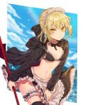  1girl apron artoria_pendragon_(all) artoria_pendragon_(swimsuit_rider_alter) black_bra black_jacket black_legwear black_pants black_ribbon black_skirt blonde_hair bra breasts choker cleavage eyebrows_visible_through_hair fate/grand_order fate_(series) frilled_apron frilled_bra frills garter_straps grey_apron highres holding holding_weapon jacket maid_headdress medium_breasts midriff miniskirt navel neck_ribbon open_clothes open_jacket pants polearm ribbon shiny shiny_skin short_hair sideboob simple_background skirt solo stomach tanzzi thigh-highs underwear unzipped weapon white_background yellow_eyes 