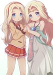  2girls :o bangs bare_arms bare_shoulders beige_jacket blazer blonde_hair blue_eyes blush bow bowtie closed_mouth collarbone collared_shirt cygnus_(maplestory) dress eyebrows_visible_through_hair hairband hand_holding head_tilt interlocked_fingers jacket kneehighs long_hair looking_at_viewer maplestory multiple_girls nekono_rin parted_lips pleated_skirt red_hairband red_neckwear red_skirt shirt simple_background skirt smile strapless strapless_dress very_long_hair white_background white_dress white_legwear white_shirt 