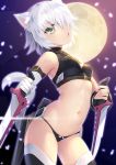  1girl arched_back bandage bandaged_arm black_gloves black_legwear black_panties cowboy_shot crop_top dagger dual_wielding erect_nipples fate/apocrypha fate_(series) full_moon gloves green_eyes hair_over_one_eye half-closed_eyes heart heart-shaped_pupils highres impossible_clothes jack_the_ripper_(fate/apocrypha) looking_at_viewer moon mvv navel panties parted_lips reverse_grip short_hair sidelocks silver_hair single_glove solo symbol-shaped_pupils thigh-highs thighs underwear weapon 