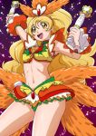  1girl :d blonde_hair blush coconut_samba cowboy_shot cure_honey dengeki_gx dual_wielding earrings happinesscharge_precure! holding holding_wand jewelry layered_skirt long_hair looking_at_viewer magical_girl midriff miniskirt navel oomori_yuuko open_mouth precure purple_background skirt smile solo wand wrist_cuffs yellow_eyes 