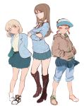  3girls aki_(girls_und_panzer) alternate_eye_color arms_behind_back bangs black_footwear blazer blue_jacket blue_pants blue_skirt blue_sweater boots brown_eyes brown_footwear brown_hair brown_shirt casual closed_mouth collared_shirt cross-laced_footwear crossed_arms eyebrows_visible_through_hair full_body girls_und_panzer glasses hair_down hands_in_pockets high_heel_boots high_heels highres hood hoodie jacket knee_boots light_brown_eyes light_brown_hair light_smile long_hair long_sleeves looking_at_viewer mika_(girls_und_panzer) mikko_(girls_und_panzer) miniskirt mityubi multiple_girls no_hat no_headwear no_legwear pants pants_rolled_up pants_under_skirt parted_lips pleated_skirt red_eyes redhead shirt shoes short_hair short_twintails simple_background sketch skirt sneakers standing sweater sweatshirt track_pants twintails under-rim_eyewear v-neck white-framed_eyewear white_background white_footwear white_shirt 