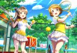  2girls :o artist_request bag ball bangs bench blue_sky blunt_bangs bracelet breasts brown_eyes brown_hair chain-link_fence clouds fence flying_sweatdrops hairband holding jewelry koizumi_hanayo long_hair looking_at_another looking_at_viewer love_live! love_live!_school_idol_festival love_live!_school_idol_project medium_breasts minami_kotori multiple_girls official_art one_side_up open_mouth outdoors pleated_skirt racket scrunchie short_hair skirt sky smile sportswear sunlight sweat sweating tennis tennis_ball tennis_court tennis_racket tennis_uniform towel tree violet_eyes wristband 