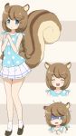  0_0 1girl :d ^_^ animal_ears bangs beige_background blouse blue_blouse blue_eyes blush braid brown_background brown_footwear closed_eyes closed_mouth eyebrows_visible_through_hair hair_tie hands_up loafers long_hair looking_at_viewer low_twintails maplestory multiple_views nekono_rin open_mouth own_hands_together pleated_skirt polka_dot polka_dot_blouse shoes skirt sleeveless_blouse smile socks squirrel_ears squirrel_girl squirrel_tail standing striped striped_background sweat tail trembling turn_pale twin_braids twintails wavy_mouth white_legwear white_skirt 