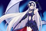  1girl :d absurdly_long_hair armor armored_dress armpits banner black_gloves blue_dress breasts chains cleavage cowboy_shot cutout dress eyebrows_visible_through_hair fate/grand_order fate_(series) floating_hair gloves green_eyes highres holding holding_weapon jeanne_d&#039;arc_(alter)_(fate) jeanne_d&#039;arc_(fate)_(all) long_hair medium_breasts open_mouth sheath sheathed siika_620 silver_hair smile solo standing sword very_long_hair weapon 