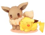  chibi closed_eyes commentary_request eevee hug mochi_(empty_p) no_humans open_mouth pikachu pokemon pokemon_(creature) smile 